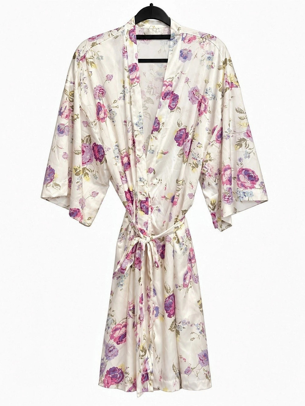 ICING Ivory Floral Satin-Style Kimono Robe with Matching Waist Tie